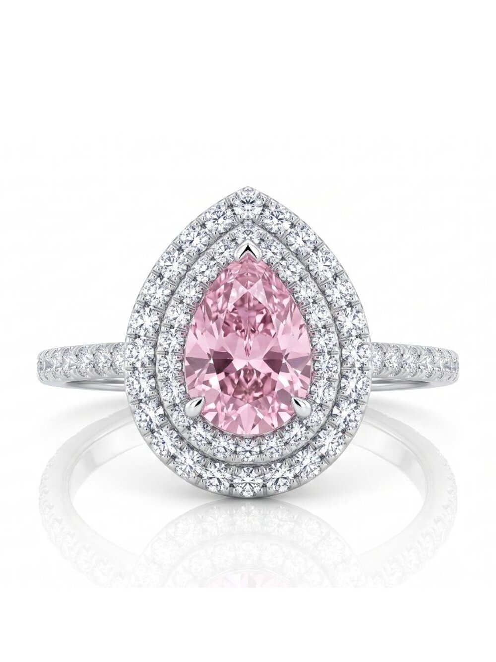 Pear Shaped Double Halo Teardrop ring with Pink Gemstones, 925 Sterling Silver
